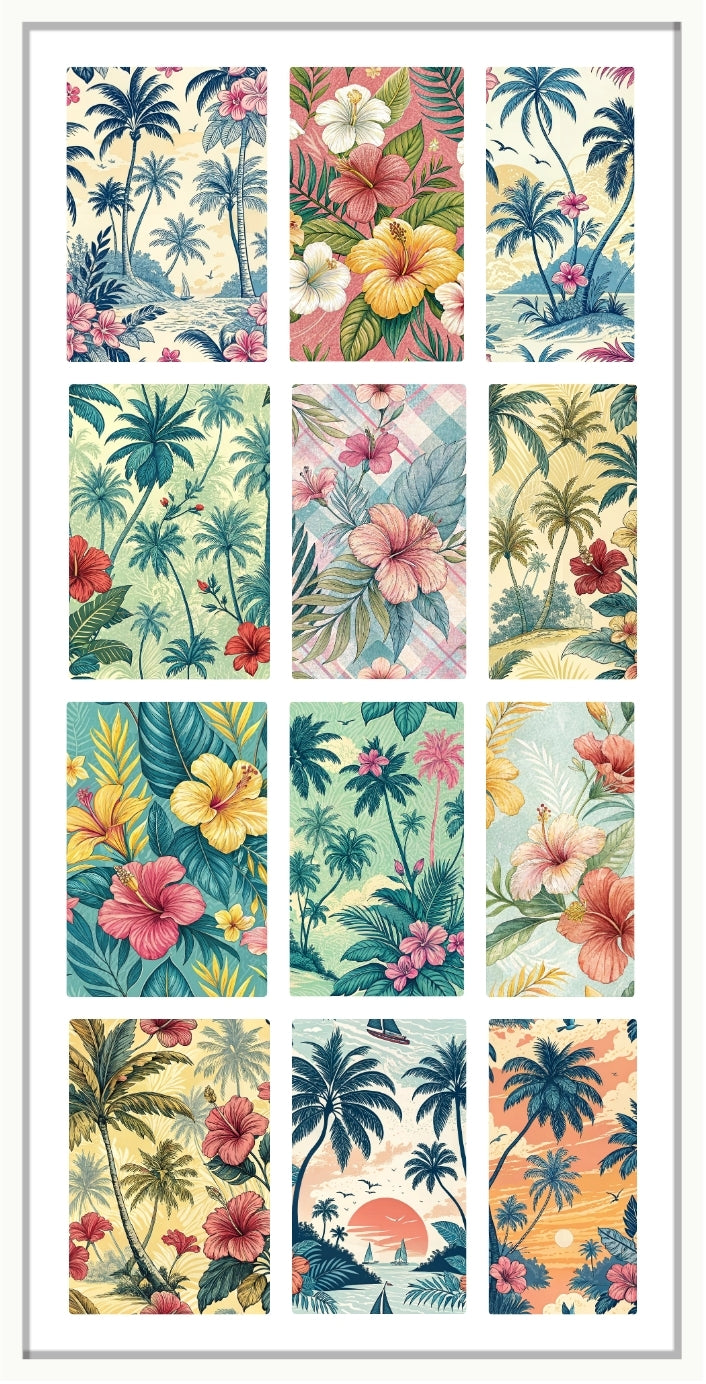 waterslide nail decals tropical floral and palm tree patterns in various colors.