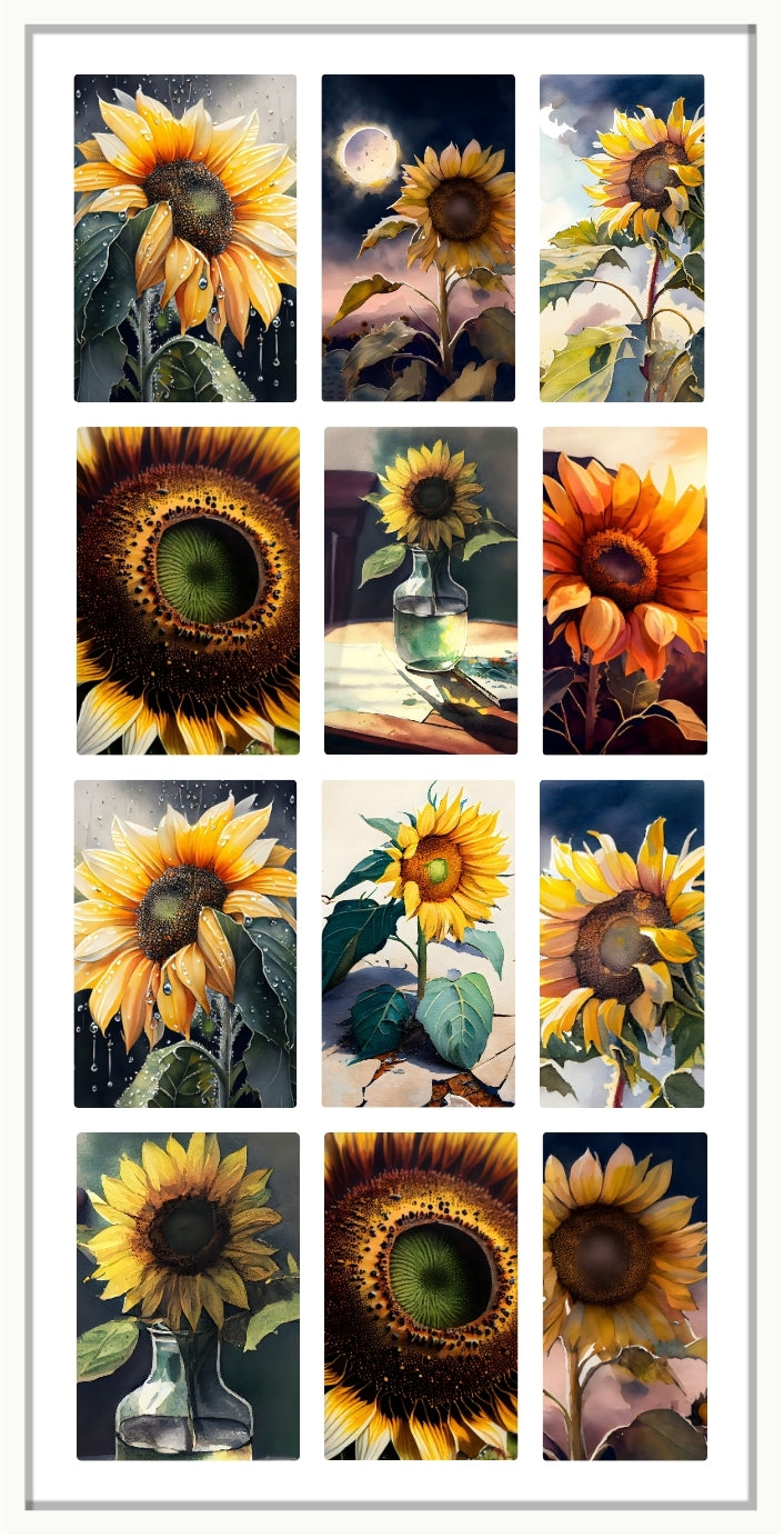 Collage of sunflower waterslide nail decals in various styles and settings.