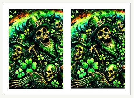Two waterslide nail decals of a St. Patrick's Day-themed design with skeletons, hats, and shamrocks.