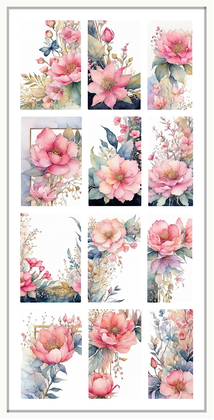 Set of floral waterslide nail decals with pink and blue flowers on a white background