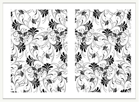 Two black and white floral patterns on a white background