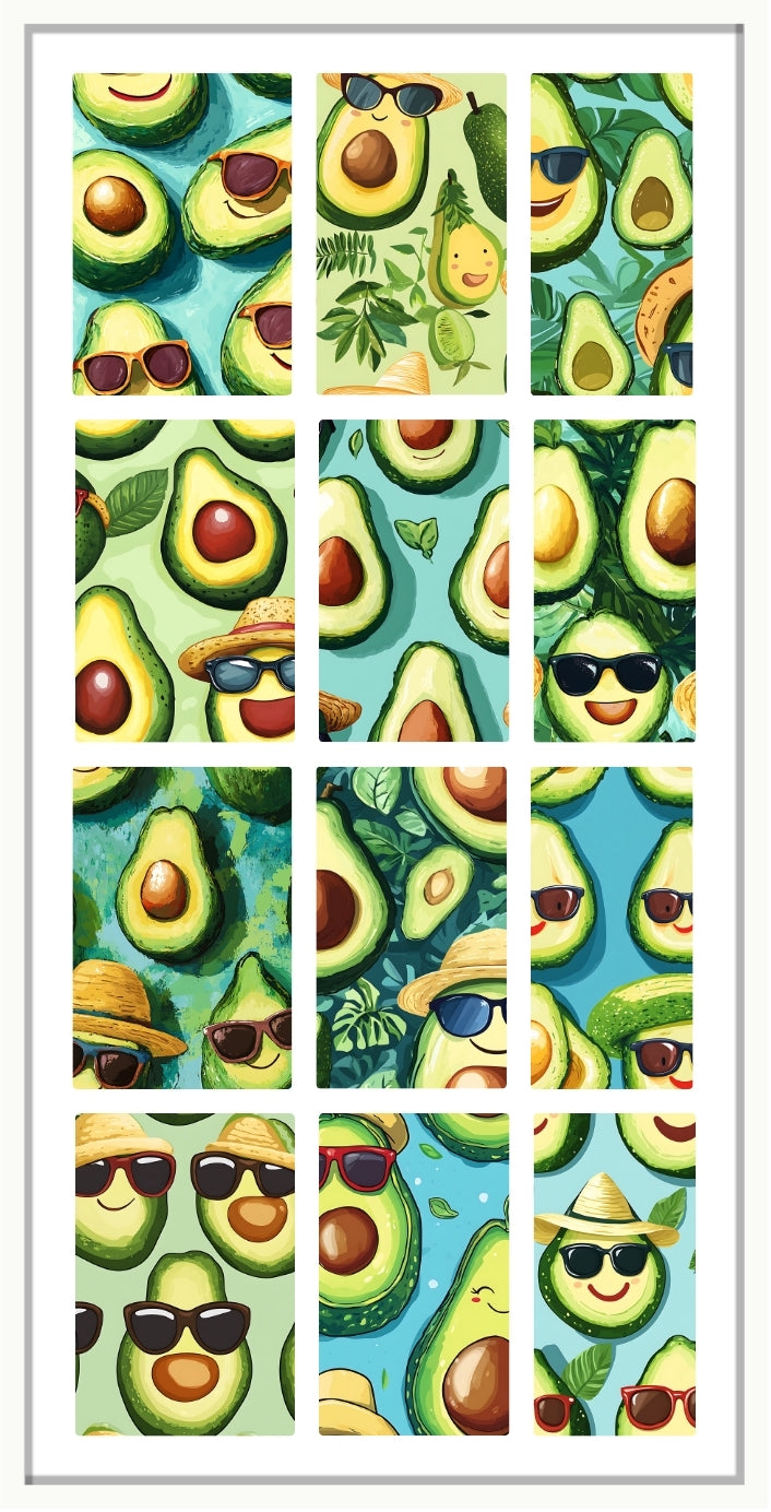 waterslide nail decal Collage of cartoon like avocados with different face expressions on a green/ blue background