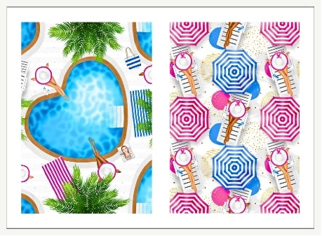 Two patterned waterslide nail decal designs featuring poolside elements like umbrellas, towels, and palm trees. 
