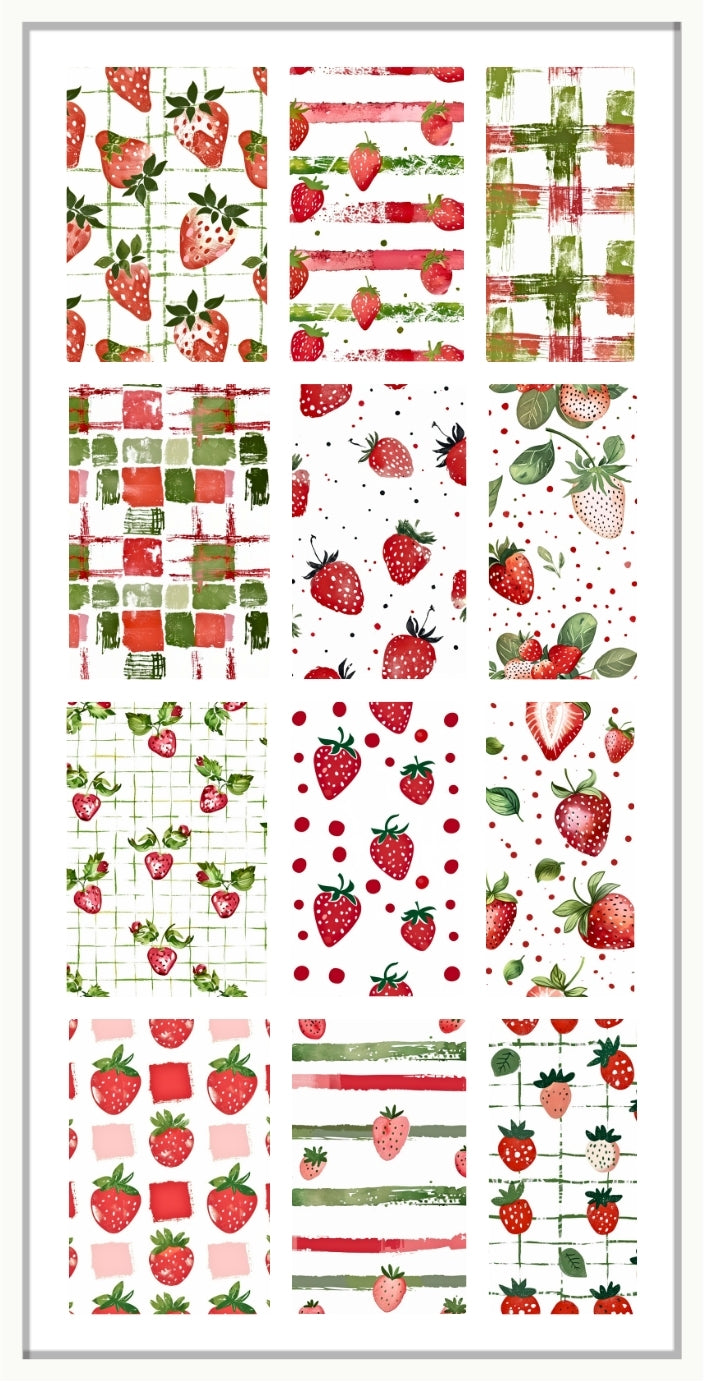 Collection of strawberry-themed patterned paper sheets on a white background