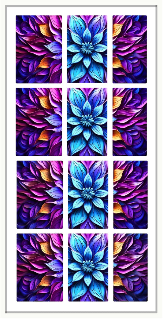 Waterslide nail decals with a mandolin design in purple, blue, and orange.