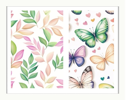 Two waterslide nail decal designs featuring soft pastel colorful butterflies and leaves on a white background.