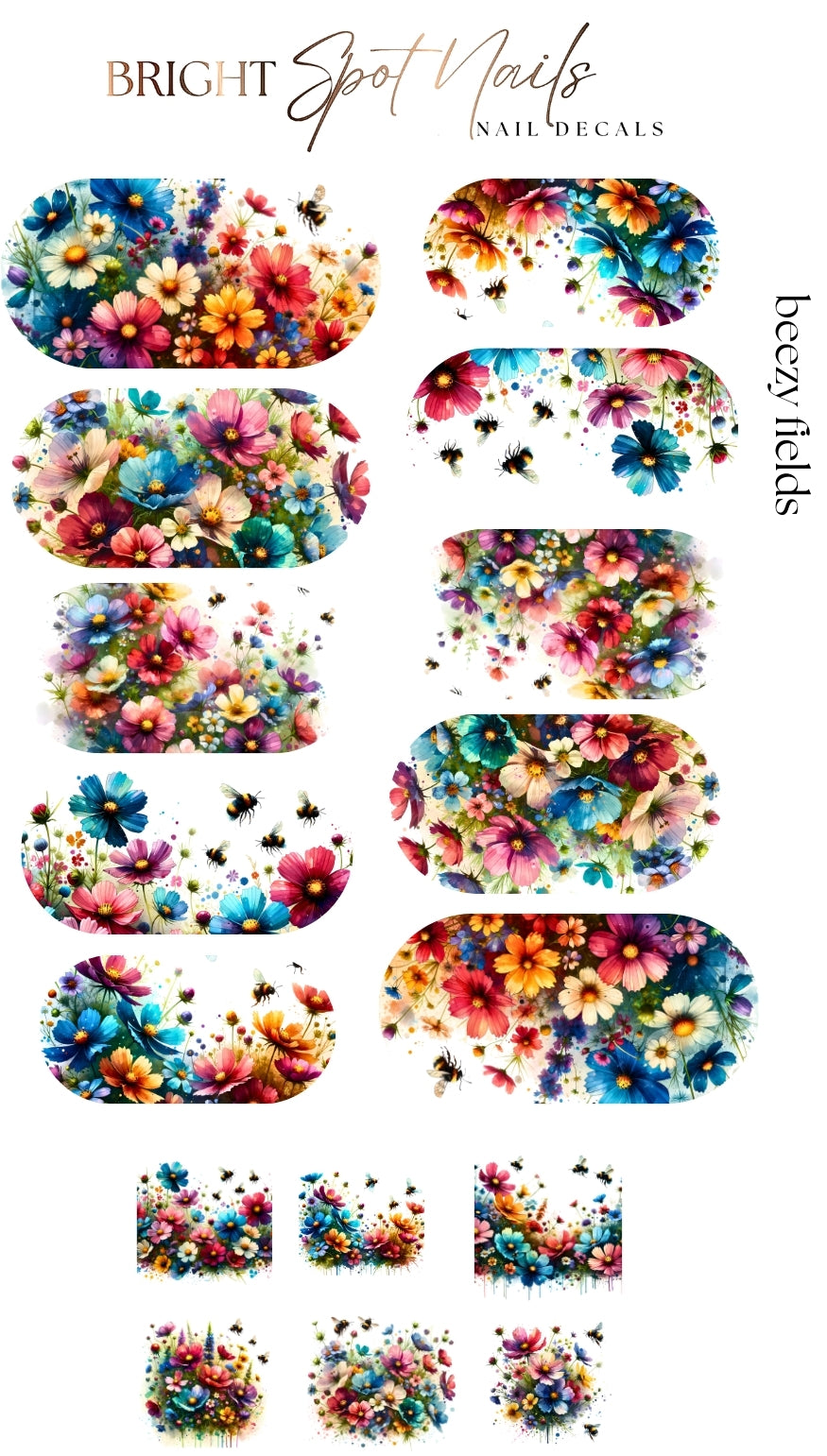 Bright floral nail decals with honeybees