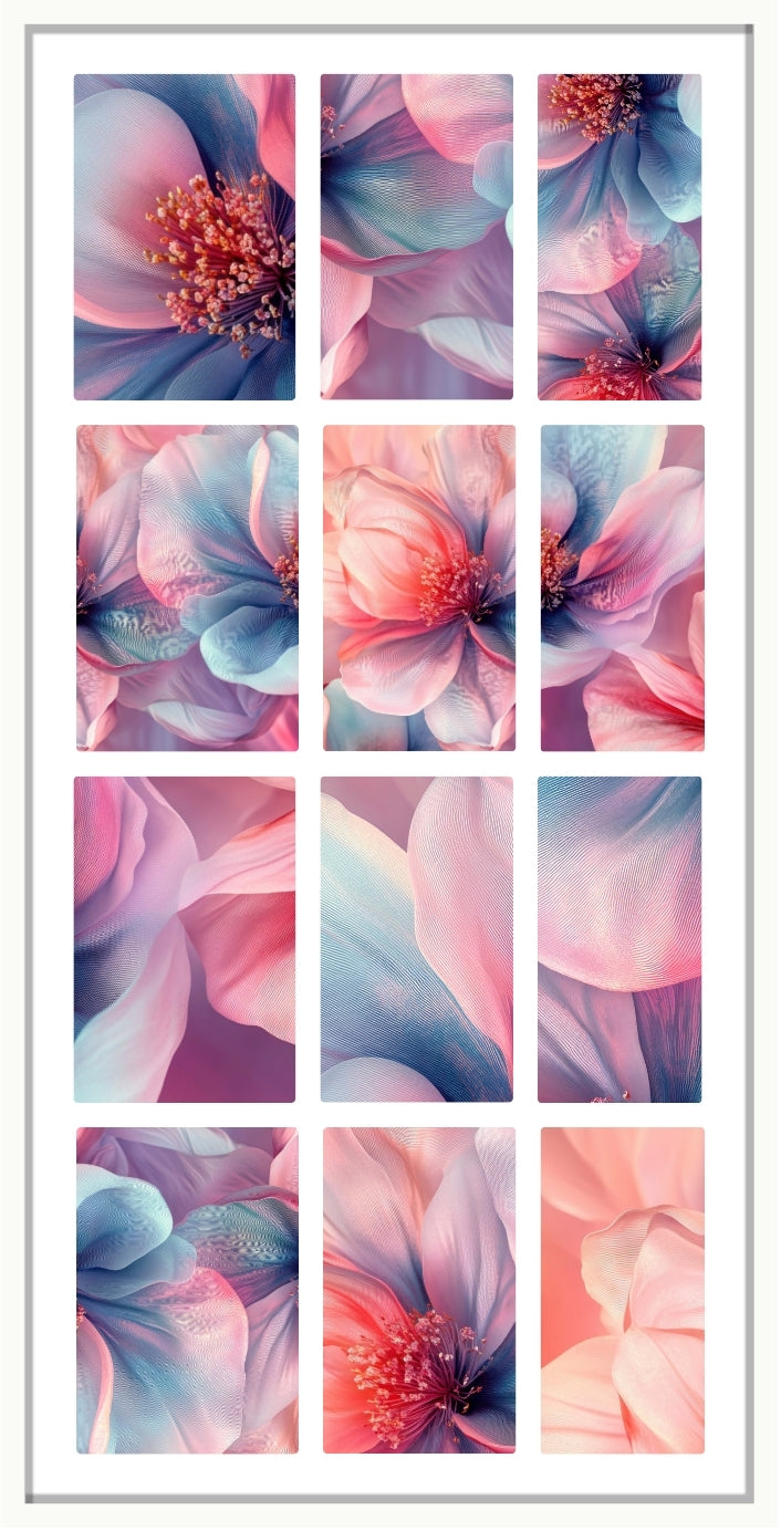 waterslide nail decal sheet of abstract floral designs in pink, blue, and purple.